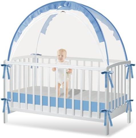 Crib Tent to Keep Baby from Climbing Out - Crib Net to Keep Baby in - Pop Up Breathable Cribs Cover - Canopy with Upgrade Strong Mesh and Durable Zipper (Blue, Lager)