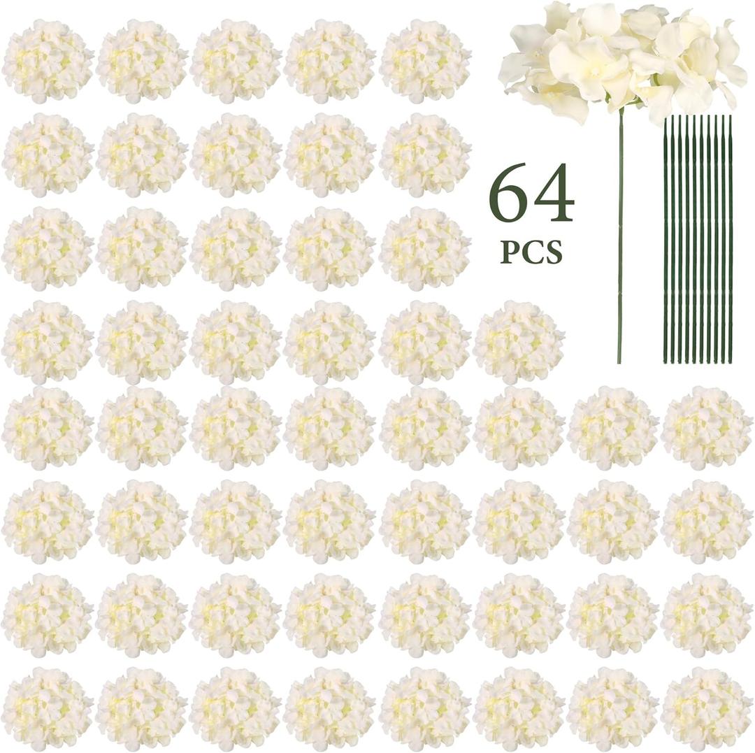 Auihiay 64pcs Silk Hydrangea Artificial Flowers, Champagne Artificial Hydrangea Flowers with Stems, Full Hydrangea Flowers for Wedding Centerpieces, Home, Garden, Party Decoration (Champagne)