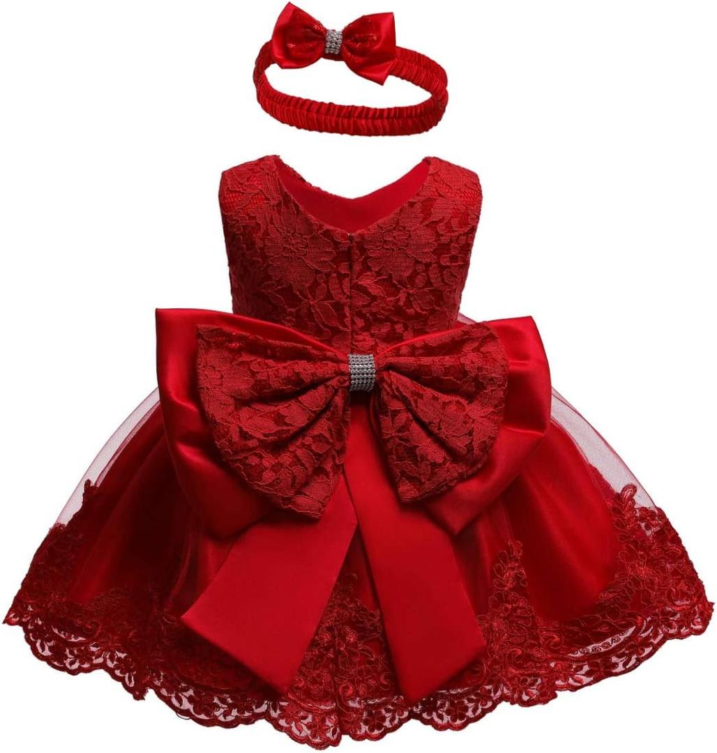 Little Girls Baptism Christening Lace Embroidery Dresses Toddler Wedding Bridesmaid Tutu Dress(Red, 100)