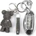 Cute Key Fob Cover with Rhinestone Bear Charm, Bling TPU Smart Key Case for Women, Compatible with Nissan Altima Armada Maxima Murano Pathfinder Rogue Sedan Sentra (5-Button, Silver Black)