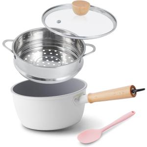 ROCKURWOK Ceramic Nonstick Sauce Pan with Lid, 2 Quart Cooking Pot, Small Saucepan with Steamer, PTFE & PFAS-Free, Wooden Handle for Cool Touch, Universal Base(Gas, Electric & Induction), White
