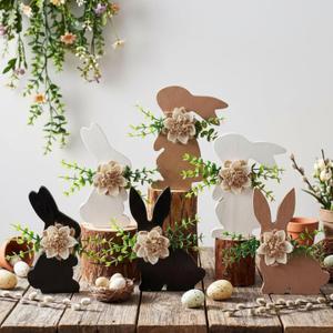 Novabright 6 Pcs Easter Bunny Wooden Decor Farmhouse Wooden Bunny Blocks Tiered Tray Decor Spring Vintage Rabbits Table Centerpiece for Home Easter Table Decoration Signs with Flowers for Office Gifts