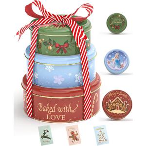 Christmas Cookie Tins with Lids, Set of 3 Larger Holiday Containers for Homemade Cookies, Gifts, Treats, Reusable Round Metal Storage Boxes with 3 Premium Greeting Cards & 16.5ft Ribbon