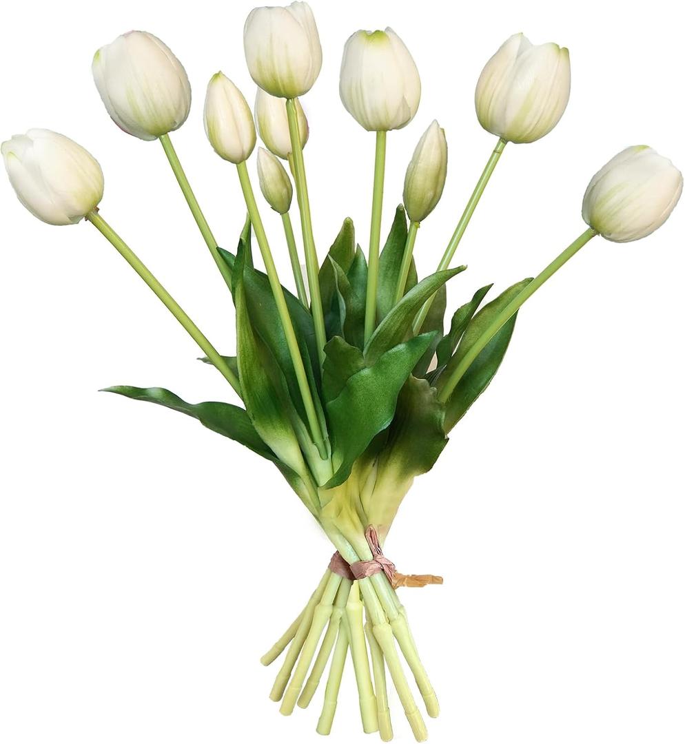 10 Pcs Fake Tulips Tulips Artificial Flowers Real Touch Fake Flowers Artificial Flower Bouquet for Home Table Party Wedding Decoration (White)