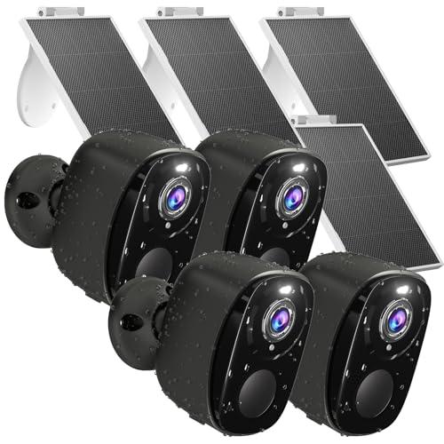 4pc Wireless Security Cameras Outdoor,2K Solar Cameras, Battery Powered Surveillance Camera for Indoor/Outdoor Uses with Color Night Vision, AI Detection, 2-Way Talk, IP65, SD/Cloud, Works Alexa