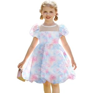 Arshiner Toddler Girls Dress Contrast Mesh Puff Short Sleeve Flowy Bubble Hem Organza Casual Party Dresses, 4-5T, Blue Pink Tie Dye