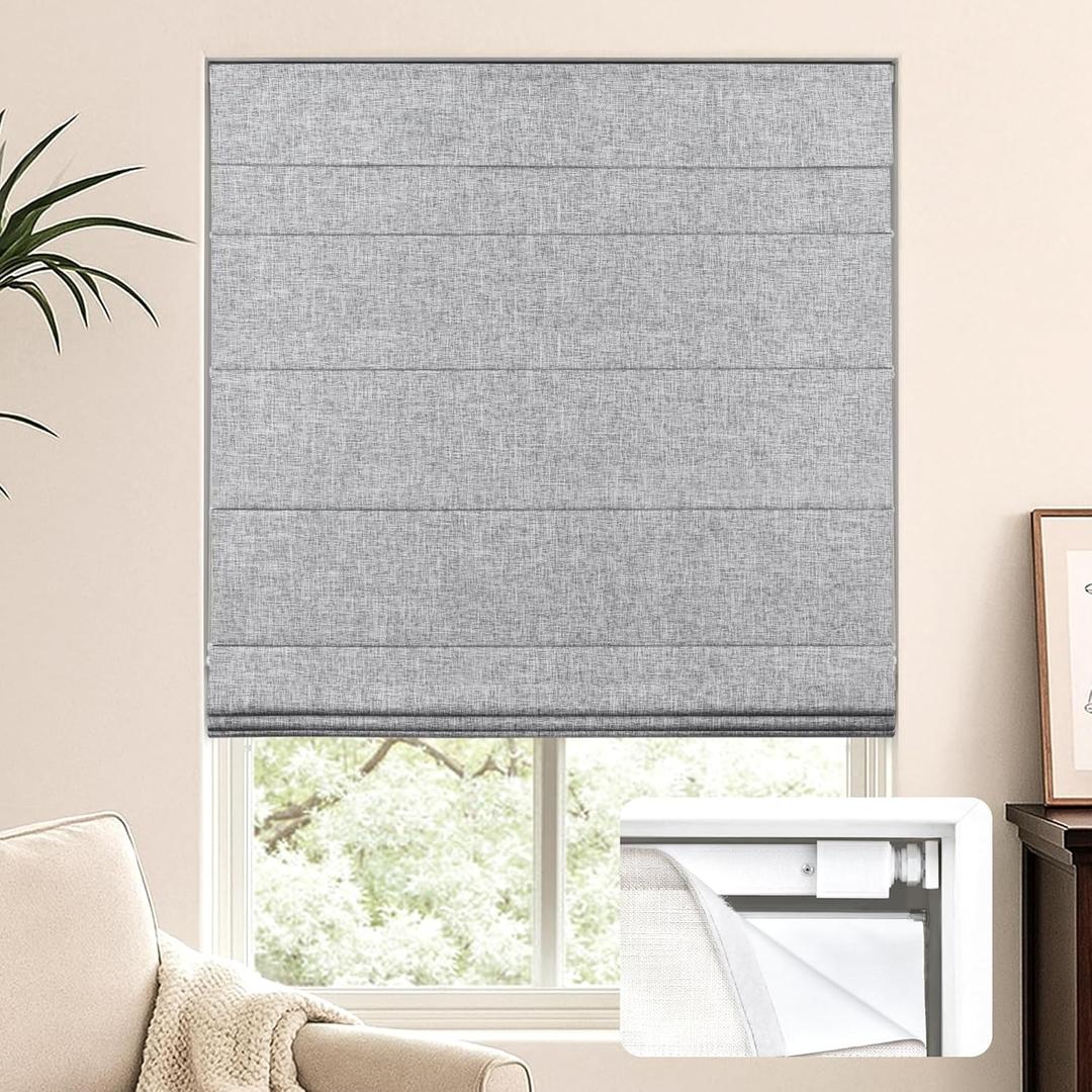 LazBlinds No Tools No Drill Cordless Roman Shades for Windows, Blackout Thermal Insulated UV Blocking Window Blinds, Lightweight Fabric Blinds for Indoor Windows, 34" W x 60" H, Blackout - Grey