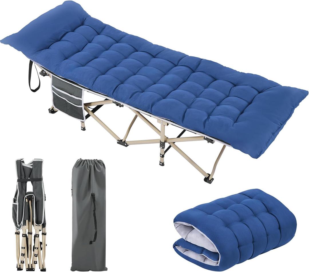Yaheetech Folding Camping Cot Portable Outdoor Bed for Adults w/Mat & Storage Bag & Carry Bag, Heavy Duty Cots for Outdoor Travel & Office/Home Nap (Gray Cot/Blue Pad)