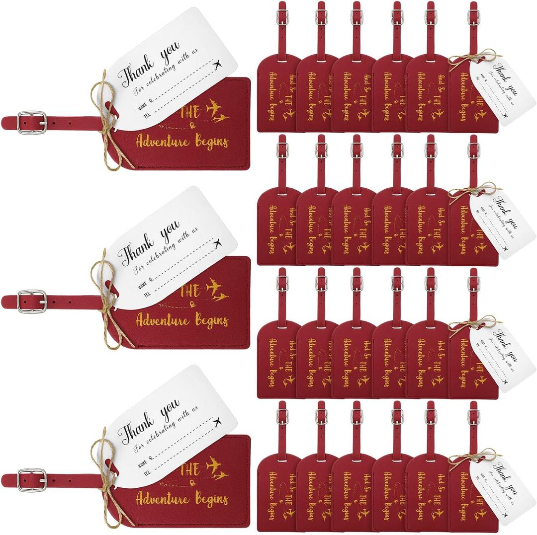 Sweetude 48 Sets Leather Luggage Tag Bulk and So The Adventure Begins Luggage Tags with Name Card for Wedding Bridal Shower Bachelorette Honeymoon Travel Graduation Gifts(Burgundy)