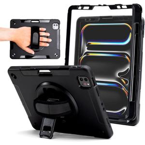 ZAGG Rugged Tablet Case for iPad Pro 11-inch (M5)/ Pro 11-inch (M4) - Protective, 360 Rotating Hand Strap, Integrated Kickstand, Drop-Proof, Ideal for Business, Warehouse, and Field Use, Black