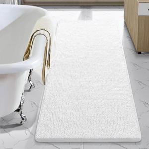 LOCHAS Luxury Bathroom Rug Shaggy Bath Mat 24 x 54 Inch, Washable Non Slip Bath Rugs for Bathroom Shower, Soft Plush Chenille Absorbent Carpets Mats, White