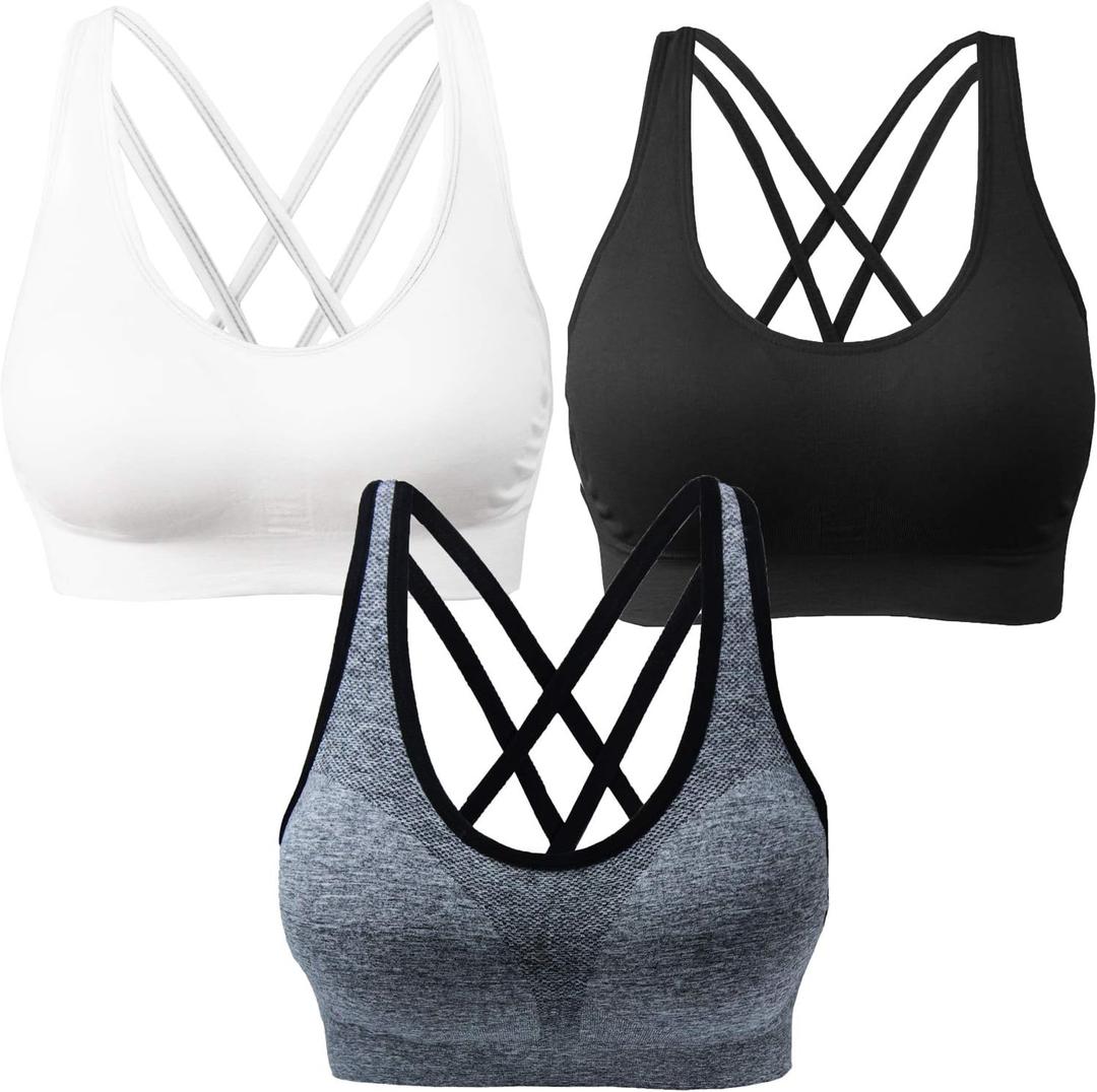 AKAMC Women's Cross Back Sport Bras,Adjustable Straps Padded Criss Cross Cropped Bras for Yoga Workout Fitness (Large, Black/White/Grey)