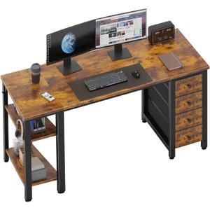 Lufeiya 55 inch Computer Desk with 4 Fabric Drawers & Storage Shelves, Writing Work Study Desk for Home Office Bedroom, Modern Simple Student PC Desks Table, Rustic Brown, 55.1"
