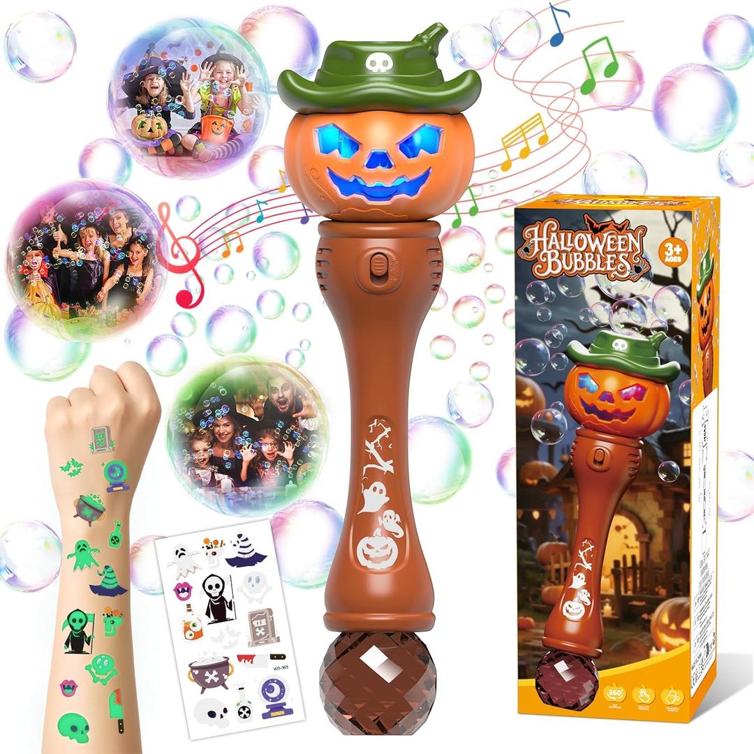2 x Halloween Bubble Machine Wand for Kids, Light up & Music Pumpkin Bubble Wand-1 Temporary Tattoos and 5 Bubble Solution, Halloween Boo Basket Stuffers for Toddlers Boys & Girls 3 4 5 6 7 8 + Years Old (Brown 1 Pack)