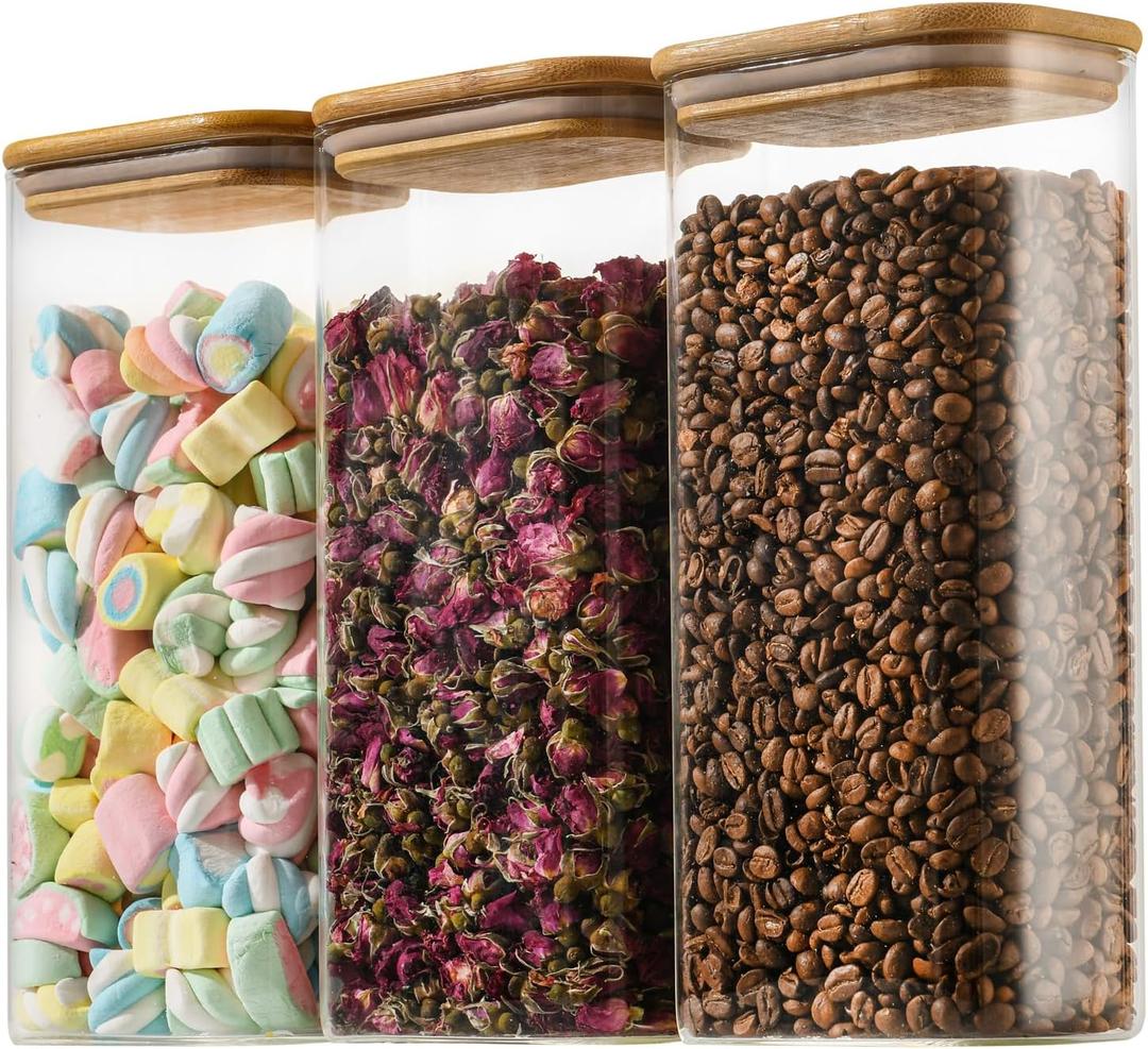 64oz Rectangle Airtight Glass Storage Containers with Bamboo Lids (Set of 3), Square Food Storage Jar, Pantry Organizers for Cereal, Flour, Pasta and Coffee beans (with Black Lable)