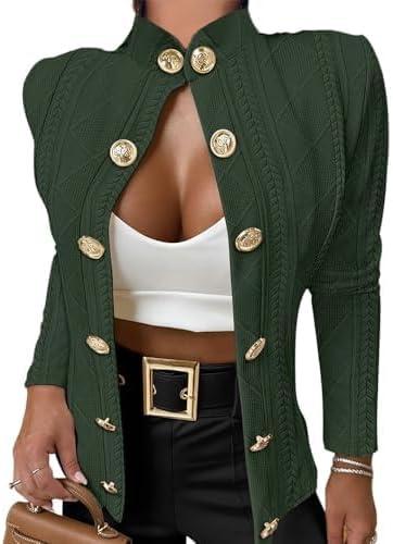 CHICME Women Argyle Cable Cardigan Casual Lightweight Cropped Coat Stand Collar Long Sleeve Metal Button Front Spring Jackets (Medium, Green)