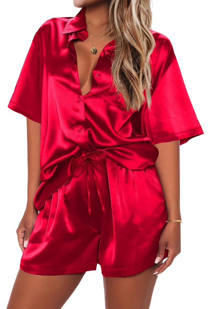 Ekouaer Pajamas for Women Silk Soft Sleepwear Short Sleeve Button Down Pjs Satin Top and Shorts 2 Piece Lounge Set S