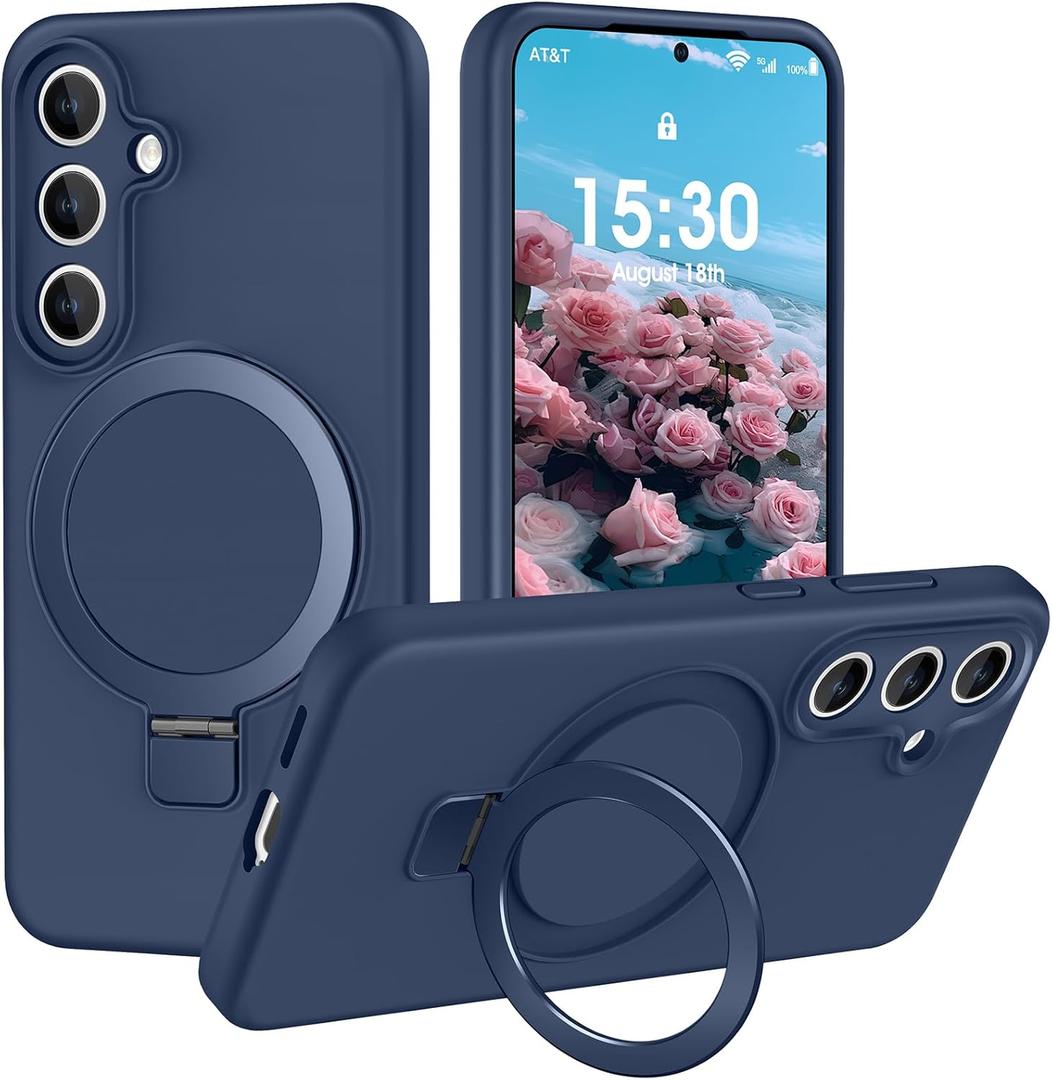 Liquid Silicone Case for Samsung Galaxy S25 with Magnetic Stand, Mil-Grade Drop Shockproof, Full Camera Protection Anti-Scratch Microfiber Lining Silicone Phone case, Dark Blue