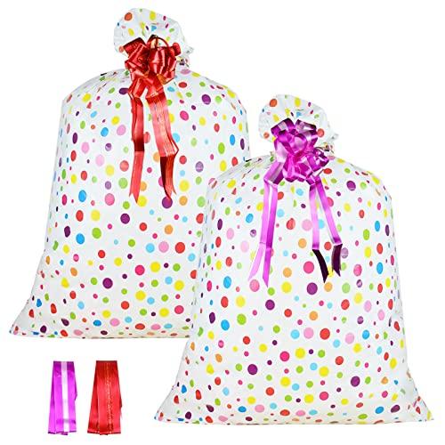 2 Pcs Large Gift Bags Oversized Plastic Storage Bags 48"x 36" with 2 Pcs Pull Flowers for Huge Big Gifts Presents Wrapping Kids Bicycle Bike Goodie Bags, Birthday, Party, New Parents Baby Shower