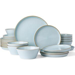 Famiware Saturn Stoneware Dinnerware Sets for 8 (24 Pieces), Ceramic Plates and Bowls Dish Sets with Hand-Painted Trim - Chip & Scratch Resistant, Microwave & Dishwasher Safe Tableware, Light Blue
