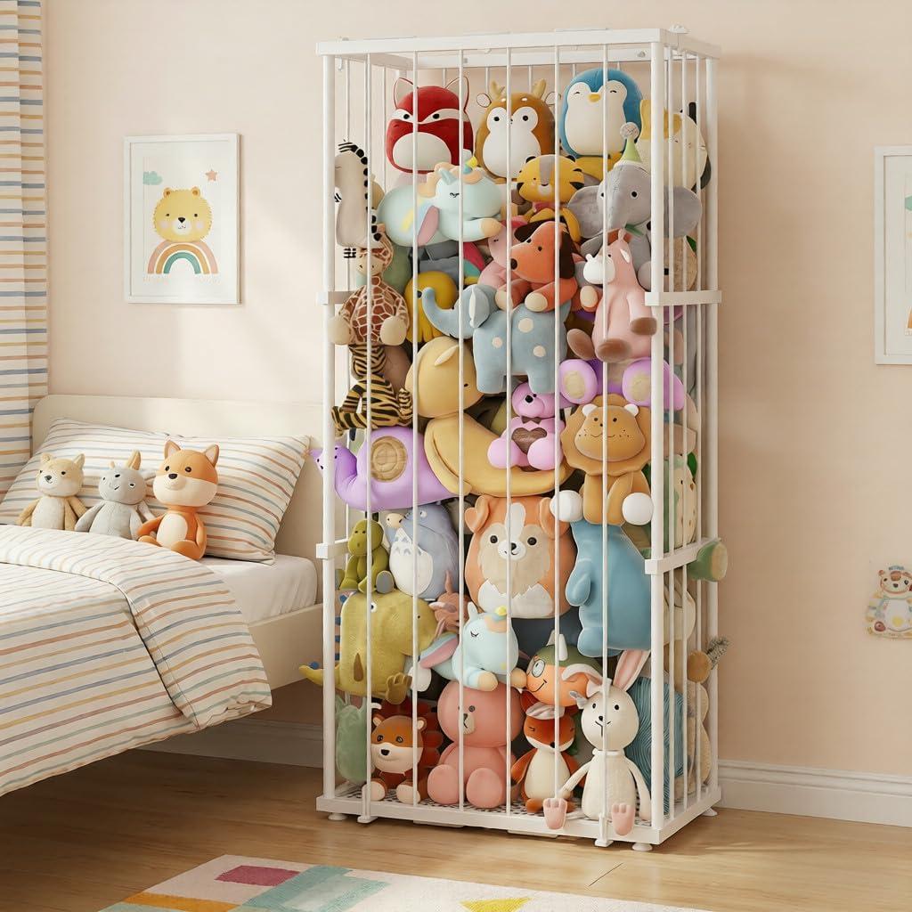 Large Metal Stuffed Animal Storage Zoo, Metal Stuffed Animal Holder Organizer with Elastic Cord, Space-Saving Toy Storage for Nursery, Playroom & Bedroom, White