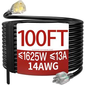 100 FT 14/3 Extension Cord Outdoor, Heavy Duty Weatherproof & Flame Retardant Black 3 Prong Power Cord with Light, Outside for Lawn & Garden, 13 Amps 1625 Watts 125 VAC 14AWG SJTW, ETL Listed