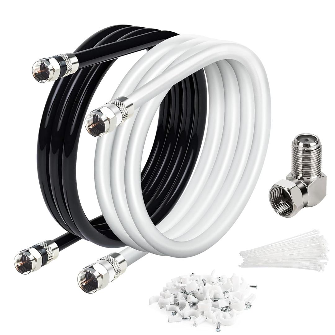 Elecan 10 Ft/2 Pack RG6 Coaxial Coax Cable Connectors Set, Quad Shielded High-Speed Internet 3 GHZ, Broadband Digital TV Aerial, Soft Satellite Cable Extension Double Rubber O-Ring+ Adapter+Ties+Clips