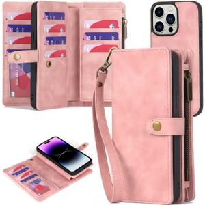 TwoHead Designed for iPhone 14 Pro Max Wallet Case with Card Holder Detachable Magnetic Phone Case PU Leather Wallet Phone Case Case Wallet for Women/Men (Pink)