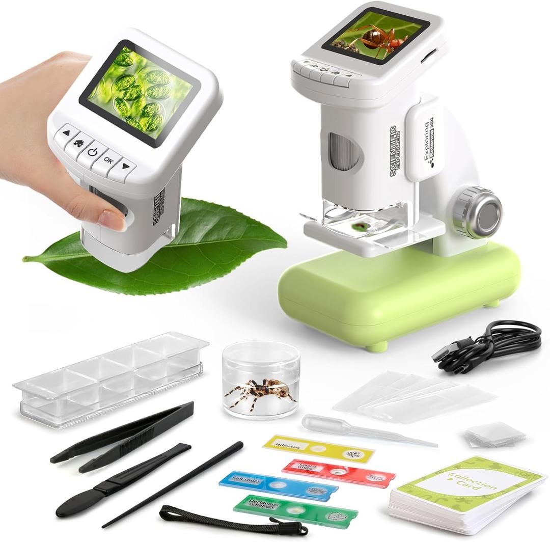 1200X Microscope for Kids with 2 inch Screen STEM Digital Science Kit Rechargeable Handheld Mini Pocket Children Students Slides Portable Gift for Kids Ages 6 to 12 (Green)