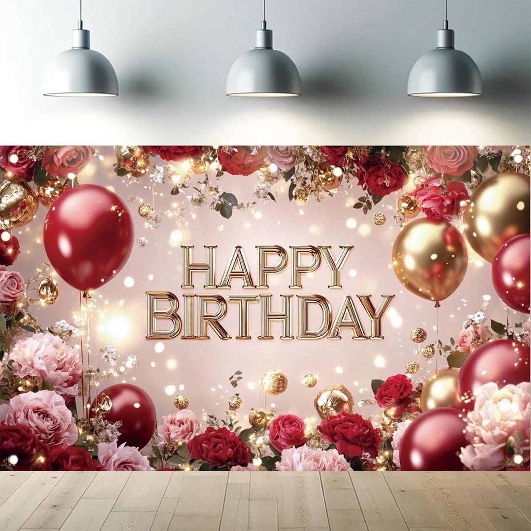 Red and Gold Happy Birthday Backdrop Banner, Elegant Roses Balloons, Photography Background, Birthday Party Decorations, Photo Booth Props, Supplies 71x43 Inch