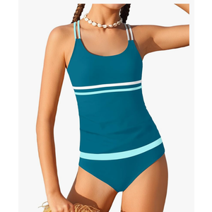 CRISONE Girls Tankini Swimsuits 2 Piece Modest Bathing Suit Color Block Swimwear Set for Girls 13-14 Years Blue+white