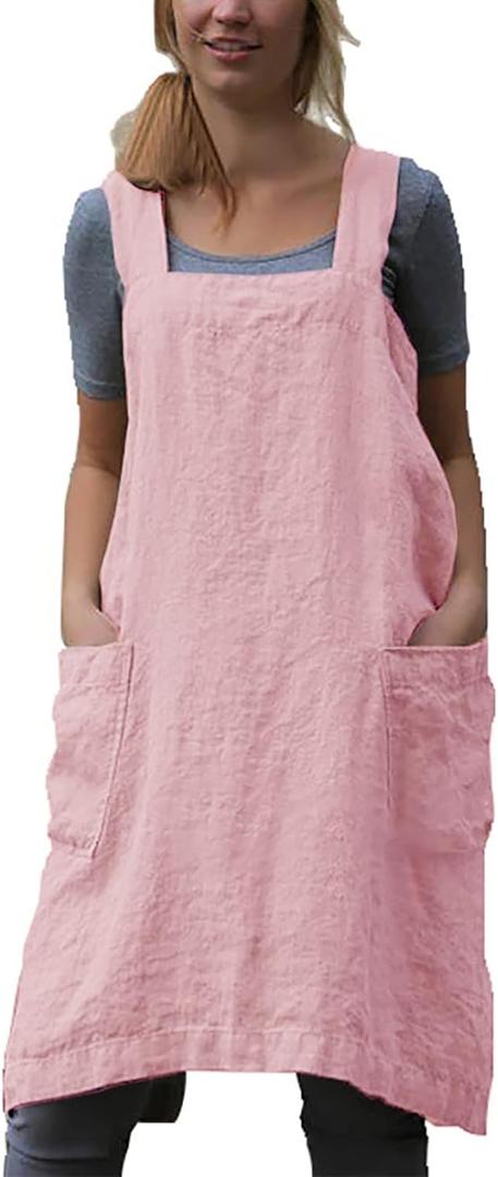 YESDOOD Cotton Linen Apron Cross Back Apron for Women with Pockets Pinafore Dress for Baking Cooking (Large, Pink)