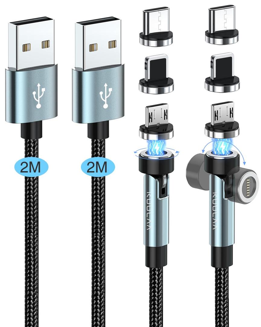 Kuulaa 6FT 540 Rotating 3 in 1 Magnetic Phone Charger Cable, 3A Fast Charge, 480Mbps Data Transfer, Nylon-Braided Cords for Micro USB/Type C/iPhone