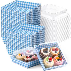 Potchen 50 Pack Blue & White Plaid Charcuterie Boxes with Clear Lids Boxes with Window for Cookies, Candy, and Mini Cakes  Ideal for Gift Giving & Bakery Packaging