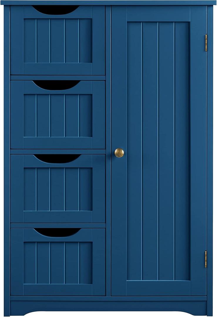 Yaheetech Wooden Bathroom Floor Cabinet, Side Storage Organizer Cabinet with 4 Drawers and 1 Cupboard, Freestanding Entryway Storage Unit Console Table, Bathroom Furniture Home Decor, Navy Blue (22 x 12 x 32.5 In (LxWxH))
