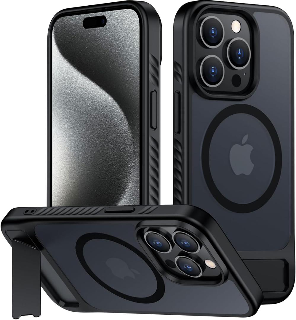 for iPhone 15 Pro Case with Kickstand,[Compatible with Magsafe] Slim Translucent Matte Military-Grade Protection & Anti-Yellowing, Magnetic Phone Case for iPhone 15 Pro, Black