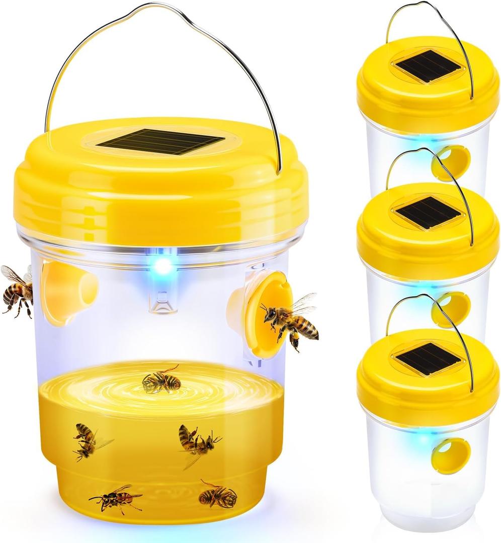 Wasp Traps Outdoor Hanging, Solar Wasp Trap for Hunting Wasps, Bees, Hornets, Insects, Carpenter Bee Traps for Outside, Reusable Wasp Traps, Bee Killer and Wasp Catcher for Outside 4 Pack