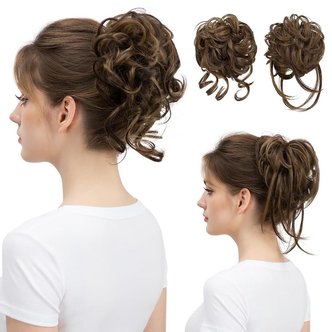 SARLA 2PCS Brown Messy Bun Hair Pieces for Women Wavy Curly Synthetic Hairpieces for Updos with Tendrils Fake Scrunchies Ponytail Extension Coffee Brown