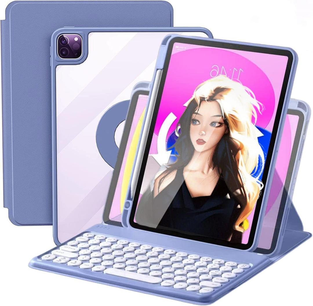 Keyboard Case for iPad 9th/ 8th/ 7th Generation, Vertical Case for iPad 10.2/Air3/Pro10.5 with Keyboard and Pencil Holder, Magnetic Stand Rotating Detachable Case with Clear Back (Lavender Gray)