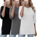 Huukeay 3 Pack Women's 3/4 Sleeve Cotton Tunic Tops Side Slit Loose Fit Round Neck Tee Shirt Casual Basic Blouse for Leggings (Large, Black, Gray, White)