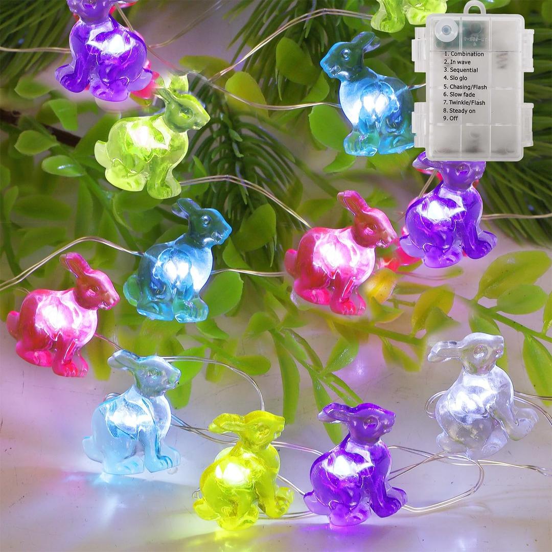 Easter String Lights, 50LED 16FT Colorful Bunny Decorative Fairy Lights Battery Operated, Rabbit Shaped Lights Indoor Outdoor, 8 Lighting Modes & Timer, Waterproof for Easter Party Home, 1 Pack