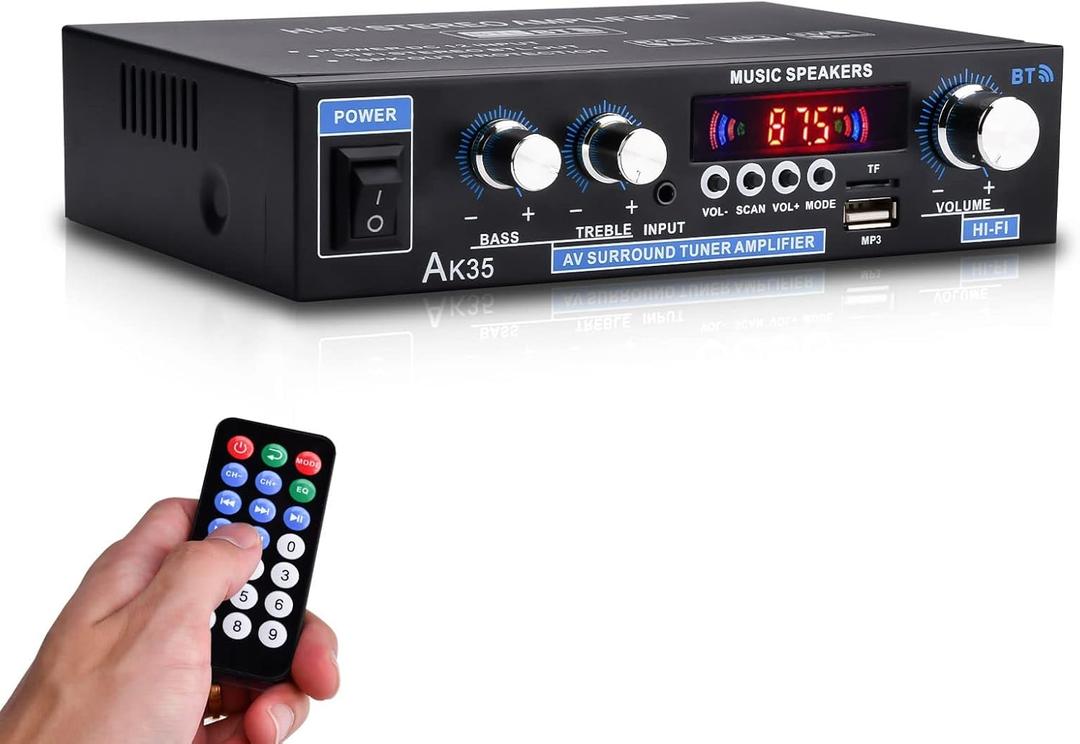 AK35 200W Dual Channel Bluetooth 5.0 Stereo Audio Amplifier Receiver, with USB, SD Card Input, Bass & Treble Control, Wide Compatibility