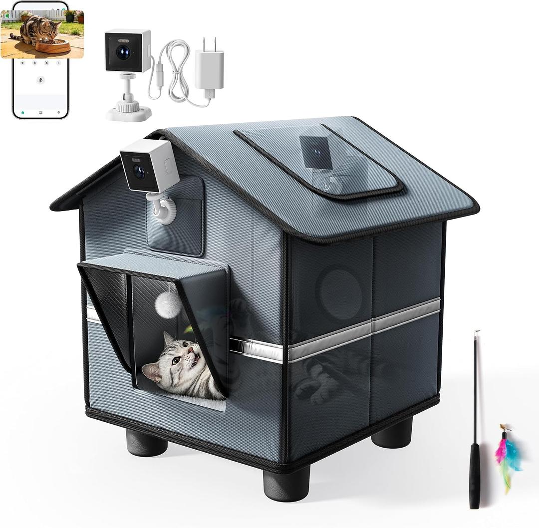 Outdoor Cat House with Camera (2K) for Single Cat up to 12lbs, Insulated Cat House Outdoor Weatherproof, Feral Cat Shelter with Dual-Mount Cam (View Inside or Out), Magnetic Door, Stakes & Cat Teaser