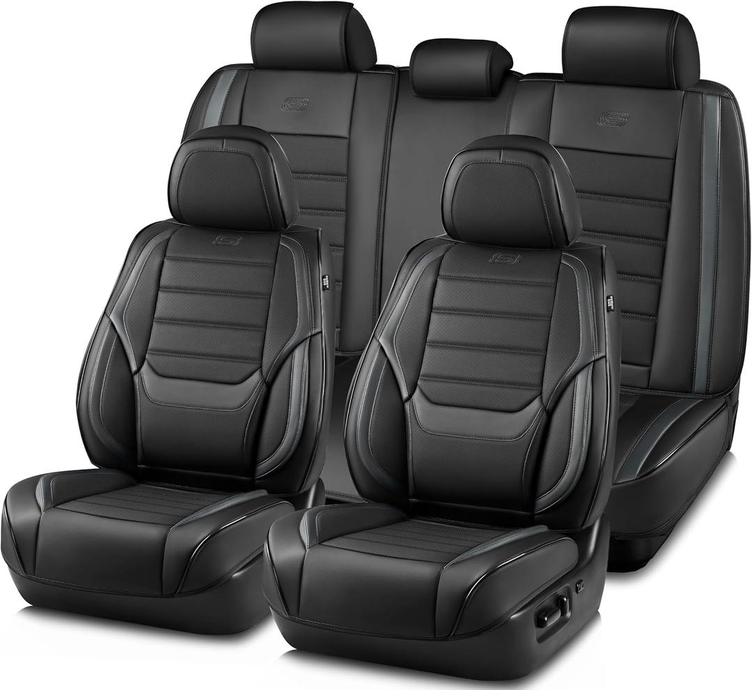 Skechers MAX Cushioning Seat Covers,Memory Foam Leather Car Seat Covers,Waterproof Car Seat Protector Full Sets,Car Seat Cushion Airbag Automotive Universal Fit for Most Cars,Vans,Trucks,SUV,Grey (Black and Grey)