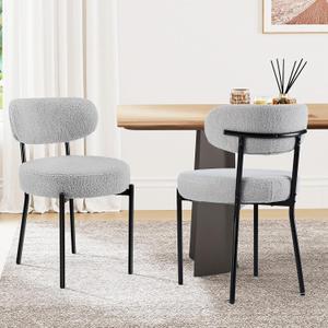 Sweetcrispy Dining Chairs Set of 2 Boucle Upholstered Modern Mid Century Round Kitchen Chairs with Curved Backrest & Metal Legs for Vanity, Living Room - Grey