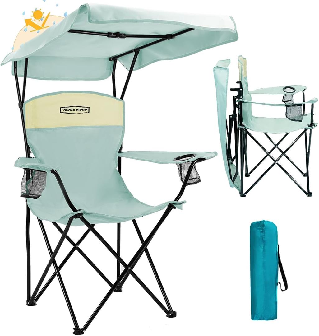 YOUNG WOOD Camping Chair with Canopy, Beach Chair with Shade,Portable,Lightweight Oversized for All, Easy to Open and Close Without Installation, Side Pocket Design for All Outdoor Activities Blue