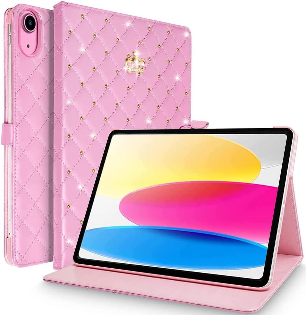 for iPad (A16) 11th Generation 11 Inch 2025/iPad 10th Generation 10.9" 2022 Case, Girly Crown Rhinestone Cute Elegant PU Leather Auto Sleep/Wake Stand Shockproof Case for iPad 11th/10th,Pink