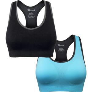 Women's Seamless Racerback Sports Bra High Impact Support Yoga Gym Workout Fitness (XX-Large, 2pcs (Black,blue))