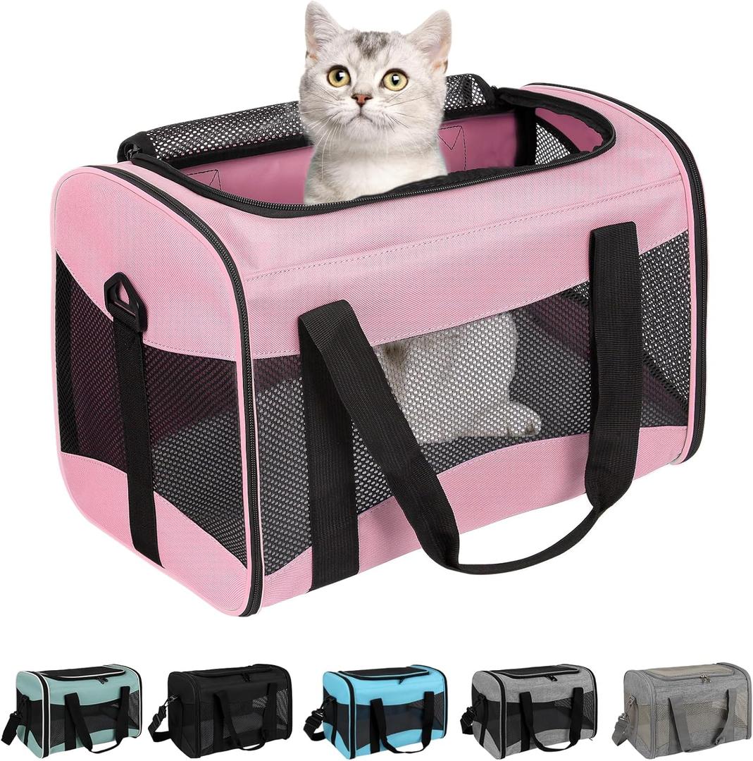 Cat Carrying Case - Pet Carrier Airline Approved, Protable and Breathable Pet Travel Carrier Removable Fleece Pad, Collapsible Cat Carrier Dog Carrier for Medium Cats Small Cats Dogs (Medium, Pink) (17.0"L x 11.0"W x 11.0"H)