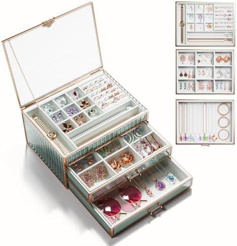 CoralHouse Large jewelry boxes & organizers,3-Layer Glass Jewelry Organizer with Velvet Lining and Copper Handles - for Rings, Earrings, Necklaces, Bracelets, and Watches.